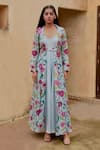 Taro_Blue Jacket Chanderi , Kurta Bamberg Floral Cloudy Bloom And Set _Online_at_Aza_Fashions
