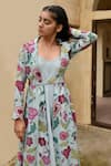 Buy_Taro_Blue Jacket Chanderi , Kurta Bamberg Floral Cloudy Bloom And Set _Online_at_Aza_Fashions