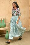 Buy_Taro_Blue Chanderi Silk Floral Print Chinese Collar Daisy Pleated Anarkali And Pant Set _at_Aza_Fashions