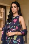 Taro_Blue Dupatta Chiffon, Mulmul Floral Print Boat Neck Berry Bloom Anarkali Set _at_Aza_Fashions