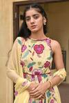 Shop_Taro_Yellow Dupatta Chiffon, Mulmul Floral Print Boat Neck Canary Anarkali Set _Online_at_Aza_Fashions
