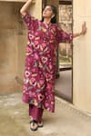 Buy_Taro_Wine Chanderi Silk Printed And Hand Work Auburn Kaftan Tunic & Pant Set  _at_Aza_Fashions