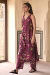 Taro_Wine Chanderi Silk, Dupatta Chiffon Floral Print V Shiraz Flower Kurta Set _Online_at_Aza_Fashions