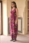 Buy_Taro_Wine Chanderi Silk, Dupatta Chiffon Floral Print V Shiraz Flower Kurta Set _Online_at_Aza_Fashions