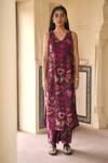 Shop_Taro_Wine Chanderi Silk, Dupatta Chiffon Floral Print V Shiraz Flower Kurta Set _Online_at_Aza_Fashions