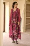 Taro_Wine Chanderi Silk, Dupatta Chiffon Floral Print V Shiraz Flower Kurta Set _at_Aza_Fashions