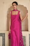 Shop_Taro_Fuchsia Chanderi Silk Hand Cutdana And Sequin Rose Kurta Set  _Online_at_Aza_Fashions