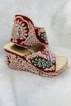 Shop_Shiveen Shiveen_Red Embroidery Tri Mor Velvet Wedges _at_Aza_Fashions