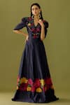 Buy_Chandrima_Blue Chanderi Embroidery Floral Applique And Beads V Neck Maxi Dress _at_Aza_Fashions