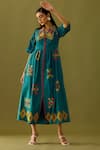 Buy_Chandrima_Blue Kala Cotton Embroidery Floral Applique And Beads Flap Collar Work Midi Dress _at_Aza_Fashions