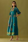 Chandrima_Blue Kala Cotton Embroidery Floral Applique And Beads Flap Collar Work Midi Dress _Online_at_Aza_Fashions