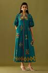 Buy_Chandrima_Blue Kala Cotton Embroidery Floral Applique And Beads Flap Collar Work Midi Dress _Online_at_Aza_Fashions