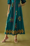 Chandrima_Blue Kala Cotton Embroidery Floral Applique And Beads Flap Collar Work Midi Dress _at_Aza_Fashions