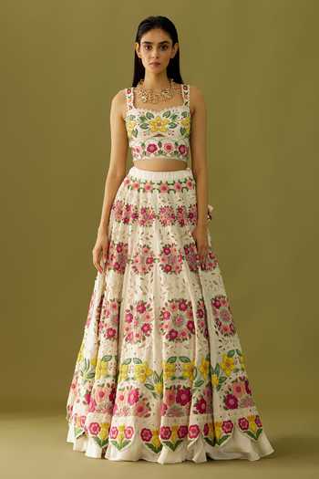 Women Aqua-Blue Chanderi Floral Painted & Beads Embroidered Co-ords