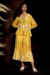 Buy_Chandrima_Yellow Chanderi Cutwork Floral Motifs Collared Neck Pleated Shirt _at_Aza_Fashions