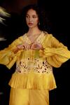 Chandrima_Yellow Chanderi Cutwork Floral Motifs Collared Neck Pleated Shirt _Online_at_Aza_Fashions