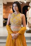 Soniya G_Yellow Silk Blend Print And Embroidery Geometric Halter Neck Pattern Lehenga Set _Online_at_Aza_Fashions