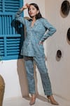 Buy_Soniya G_Blue Cotton Blend Embroidery Stripes Notched Lapel Kurta And Pant Set _at_Aza_Fashions