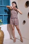 Buy_Soniya G_Pink Cotton Blend Embroidery Stripes Square Neck Geometric Pattern Top And Shorts _at_Aza_Fashions