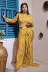 Buy_Soniya G_Yellow Cotton Blend Embroidery Stripes Round Pattern Pant Saree With Blouse _at_Aza_Fashions