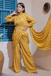 Shop_Soniya G_Yellow Cotton Blend Embroidery Stripes Round Pattern Pant Saree With Blouse _Online_at_Aza_Fashions