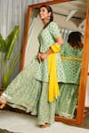 Ruchira Nangalia_Green Kurta And Pants 100% Cotton Printed Floral Round Sharara Set  _Online_at_Aza_Fashions