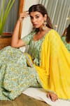 Shop_Ruchira Nangalia_Green Kurta And Pants 100% Cotton Printed Floral Round Sharara Set  _Online_at_Aza_Fashions