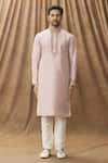 Buy_Arihant Rai Sinha_Pink Art Silk Embroidered Floral Mandarin Collar Kurta _Online_at_Aza_Fashions