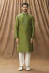 Buy_Arihant Rai Sinha_Green Kurta Art Silk Embroidered Floral Mandarin Collar Set _Online_at_Aza_Fashions