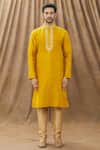 Buy_Arihant Rai Sinha_Gold Kurta Art Silk Embroidered Floral Mandarin Collar Set _Online_at_Aza_Fashions