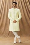 Arihant Rai Sinha_Yellow Sherwani Art Silk Embroidery Thread Work With Churidar _Online_at_Aza_Fashions