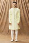 Buy_Arihant Rai Sinha_Yellow Sherwani Art Silk Embroidery Thread Work With Churidar _Online_at_Aza_Fashions