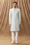 Buy_Arihant Rai Sinha_Grey Sherwani Art Silk Embroidery Thread Work With Churidar _Online_at_Aza_Fashions