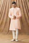 Arihant Rai Sinha_Peach Sherwani Art Silk Embroidery Thread Work With Churidar _Online_at_Aza_Fashions