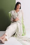 Neelu Sethi_Off White Chanderi And Cotton Lining Shantoon Embroidery Notched Kurta Pant Set _Online_at_Aza_Fashions