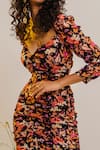 Buy_THE IASO_Black Viscose Gold Lurex Chiffon Floral V Neck Pattern Puffed Sleeve Dress _Online_at_Aza_Fashions