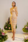 THE IASO_Orange Cotton Checkered Sweetheart Neck Pattern Dress _Online_at_Aza_Fashions