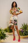 THE IASO_Multi Color Self Cotton Jacquard Abstract Halter Pattern Bralette And Shorts Set _Online_at_Aza_Fashions