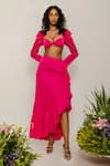 Buy_THE IASO_Pink Satin Plain Sweetheart Neck Rever Asymmetric Skirt Set _at_Aza_Fashions