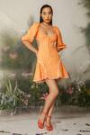 Buy_THE IASO_Orange Gingham, Lining Voile Checkered V Neck Pattern Dress _at_Aza_Fashions
