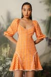 Buy_THE IASO_Orange Gingham, Lining Voile Checkered V Neck Pattern Dress _Online_at_Aza_Fashions