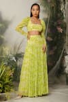 Buy_THE IASO_Green Viscose Crinkle Chiffon Floral Square Neck Pattern Crop Top And Skirt Set_at_Aza_Fashions