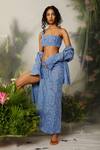 The Iaso_Blue Mesh Cotton Jacquard Floral Asymmetric One Shoulder Top And Skirt Set_Online_at_Aza_Fashions