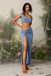 Buy_The Iaso_Blue Mesh Cotton Jacquard Floral Asymmetric One Shoulder Top And Skirt Set_at_Aza_Fashions