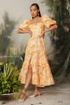 Buy_THE IASO_Orange Poplin Lining Cambric Floral Square Saki Pattern Dress _at_Aza_Fashions