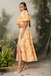 Buy_THE IASO_Orange Poplin Lining Cambric Floral Square Saki Pattern Dress _Online_at_Aza_Fashions