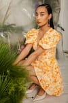 Buy_THE IASO_Orange Poplin Lining Voile Floral Plunge V Saki Pattern Dress _Online_at_Aza_Fashions