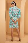Shop_Tarini Vij_Blue Cambric Cotton Toucan And Floral Print V Neck Dress _at_Aza_Fashions