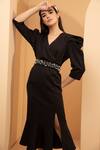 Tarini Vij_Black Banana Crepe Pearl V Neck Anne Puff Sleeves Dress _Online_at_Aza_Fashions
