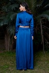Shop_Tarini Vij_Blue Imported Satin Spread Collar Claire Cropped Shirt And Skirt Set _at_Aza_Fashions